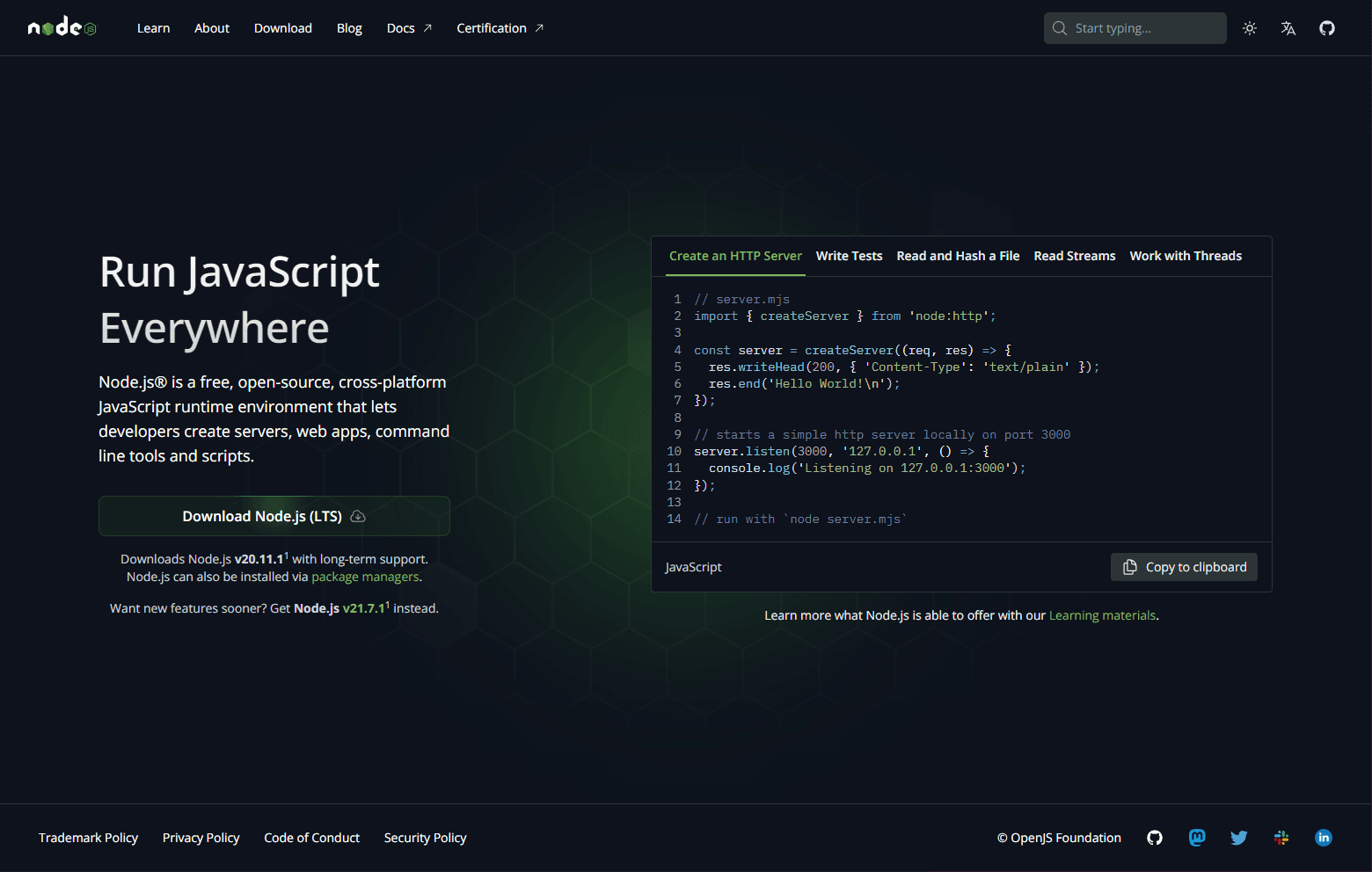 A screenshot of the nodejs.org website from 2024.